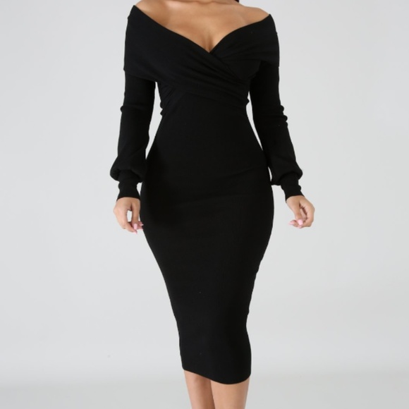 off the shoulder long sleeve midi dress